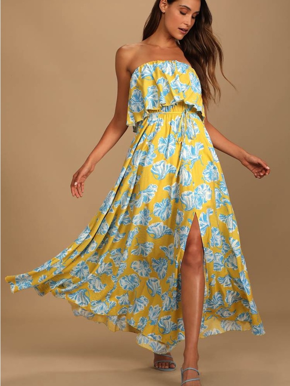 Lulus Love Boldly Floral Strapless Flounce Maxi Dress | Yellow / Blue | Medium